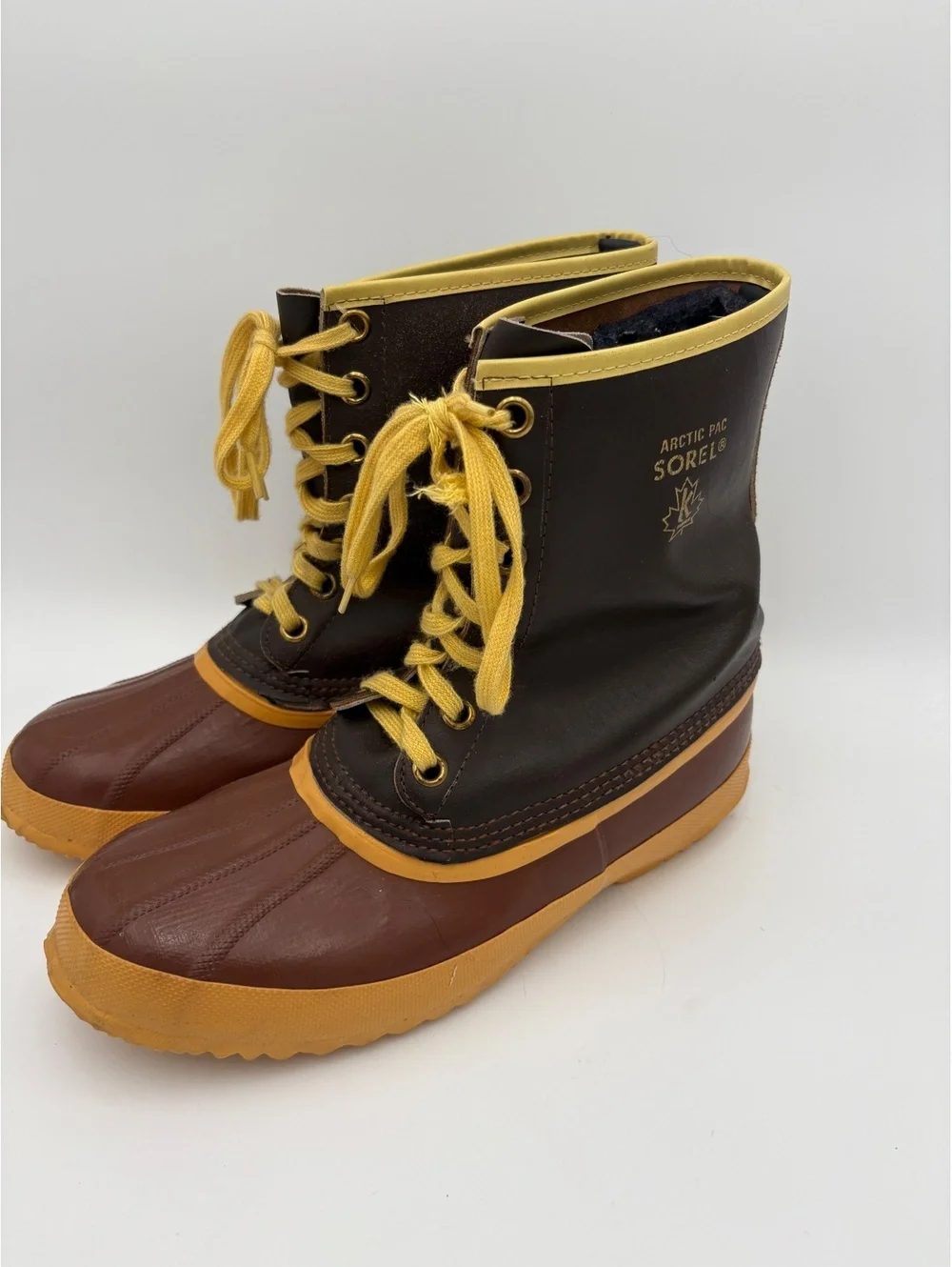Sorel Arctic Pac Wool Lined Vintage Woman sz 10 Winter Boots Brown and Yellow